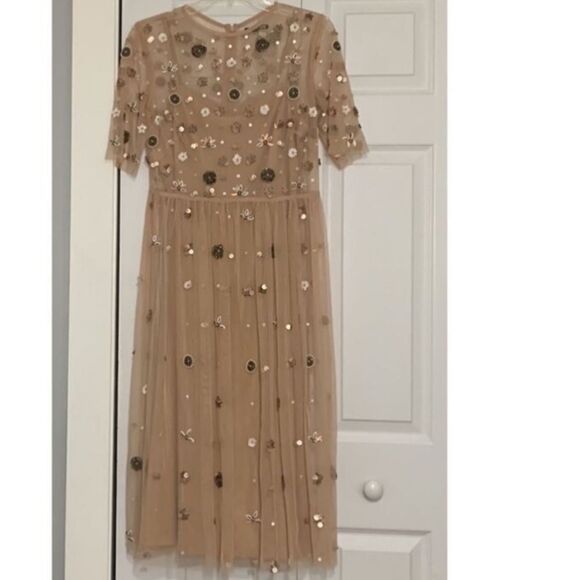 Gianni Bini Size 12 Tulle Overlay Sequin Beaded Midi Dress Blush Pink Fairycore - Picture 2 of 16